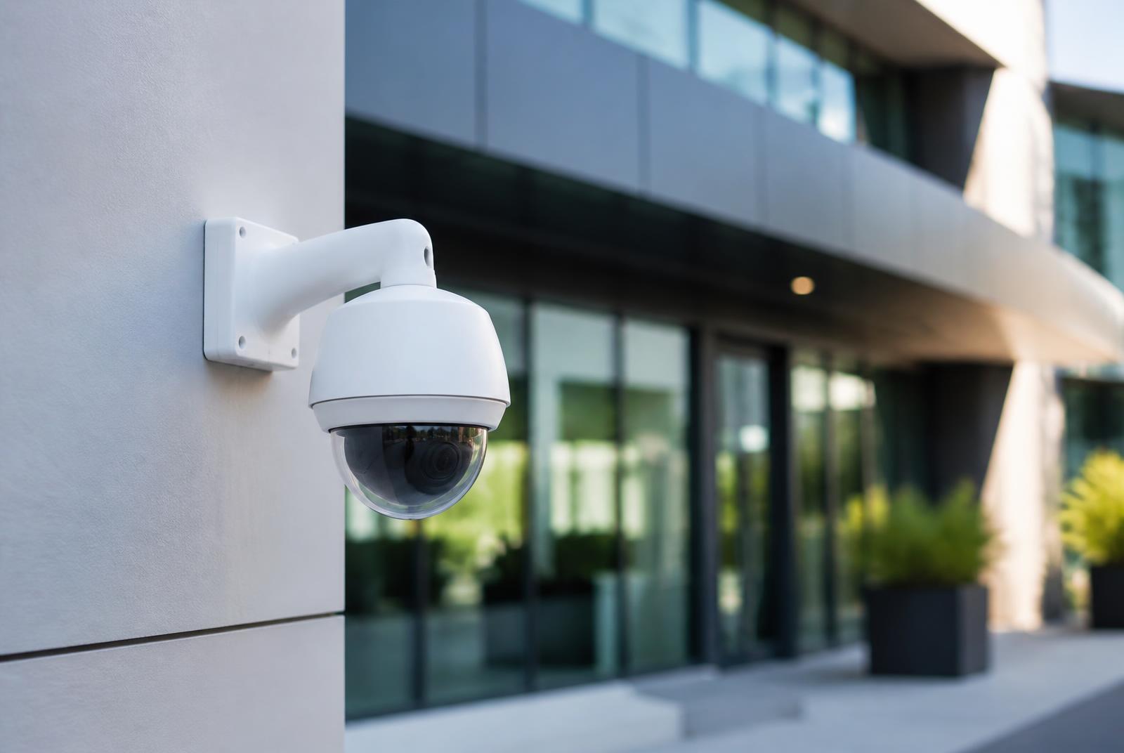 Beveiligingscamera aan de buitenzijde van een modern bedrijfsgebouw