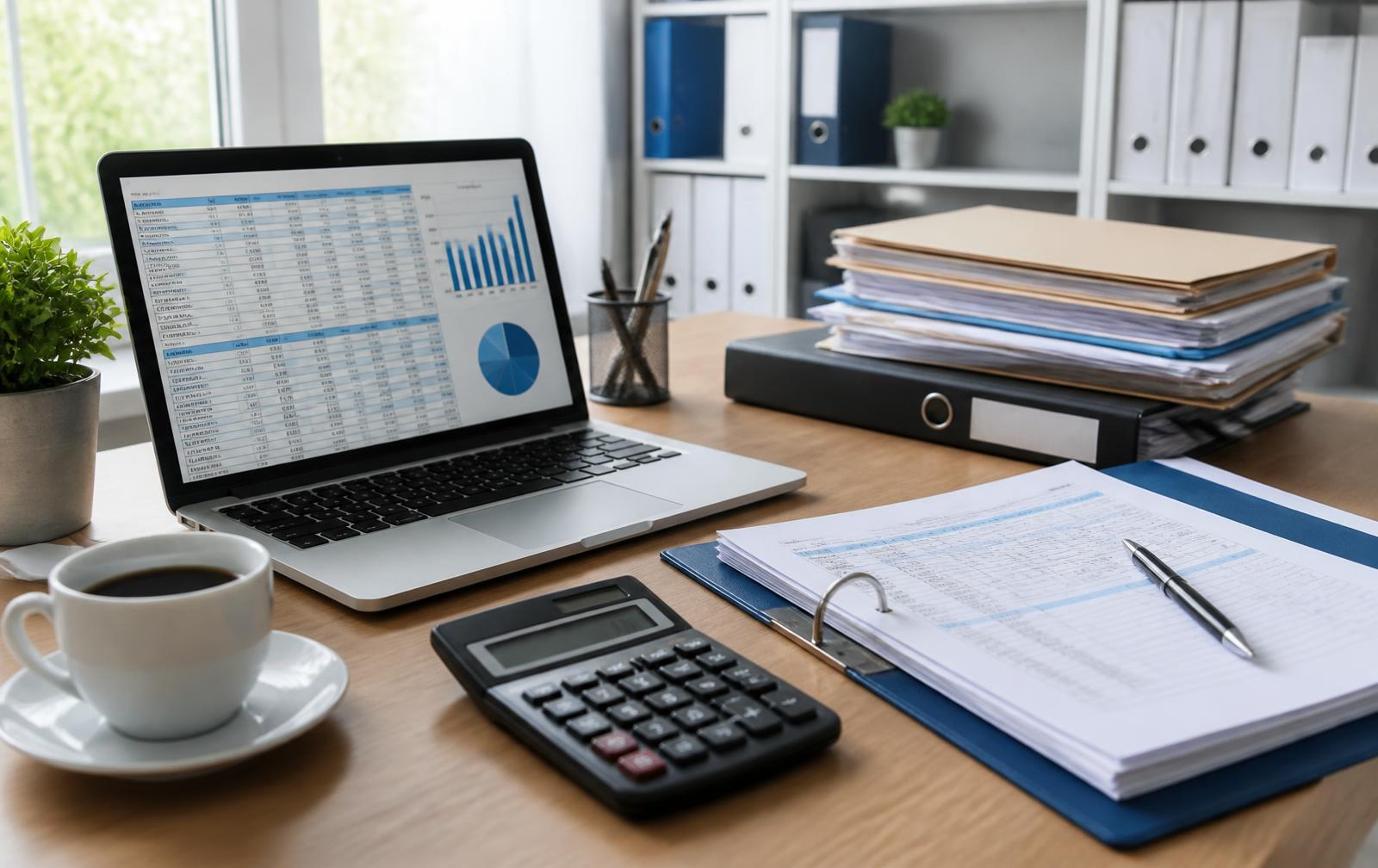 Bureau van een administratiekantoor met laptop, financiële cijfers en ordners