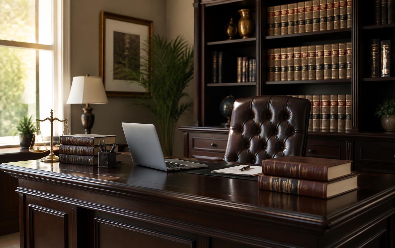 Bureau van een advocatenkantoor met laptop, wetboeken en boekenkast
