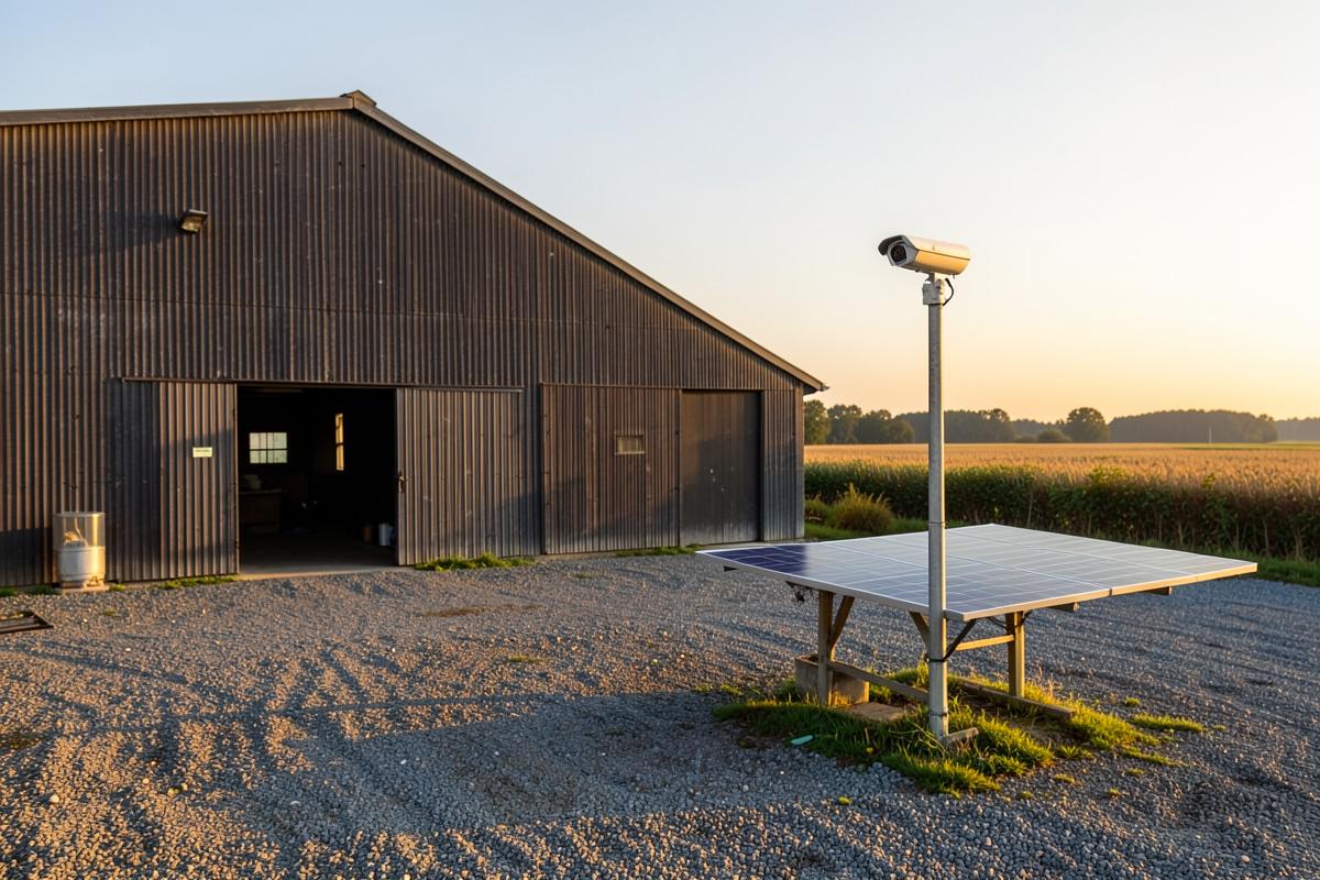 Boerenerf met schuur, camera op een mast en een zonnepaneel