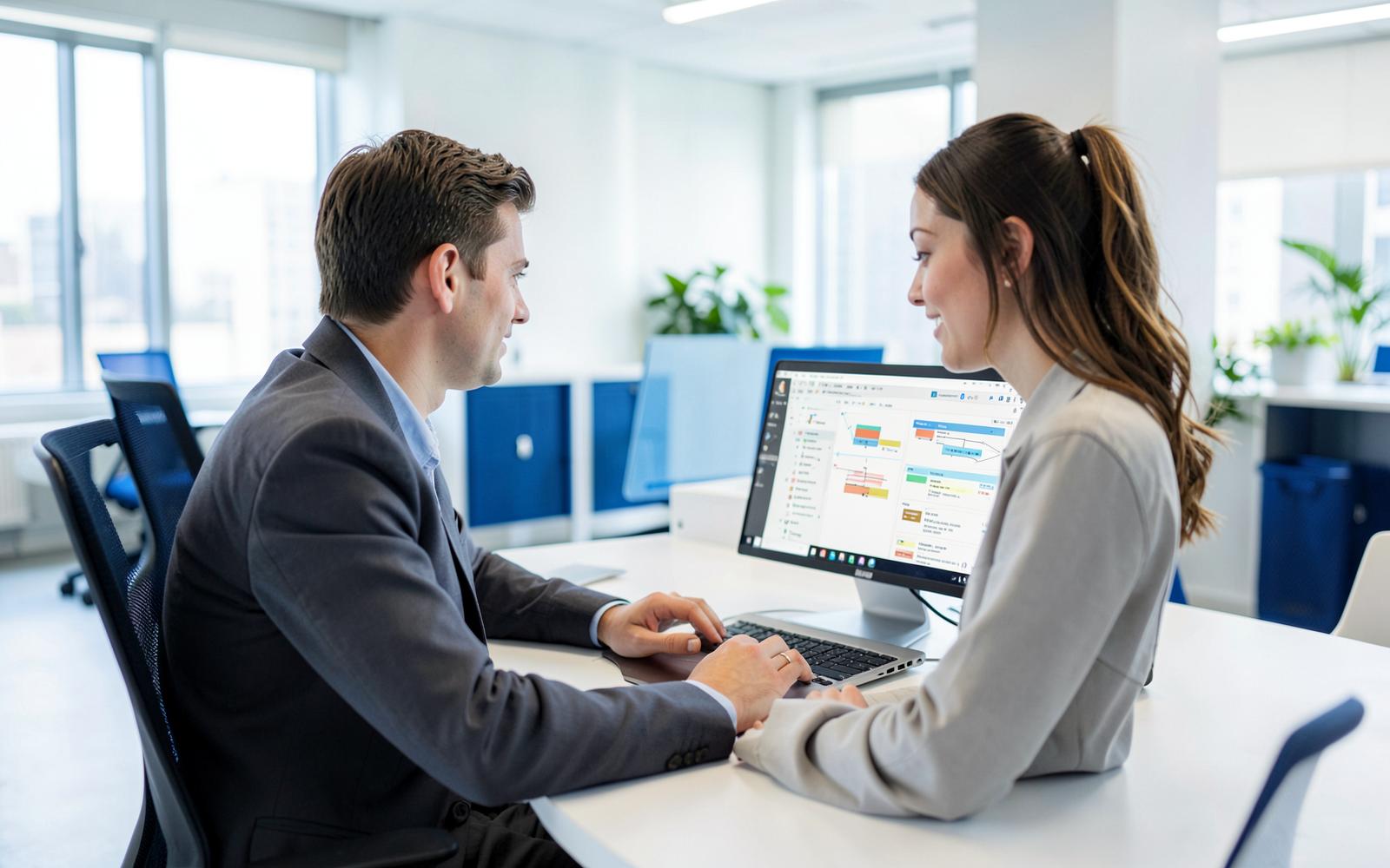 Twee collega's werken samen achter een laptop en monitor op kantoor