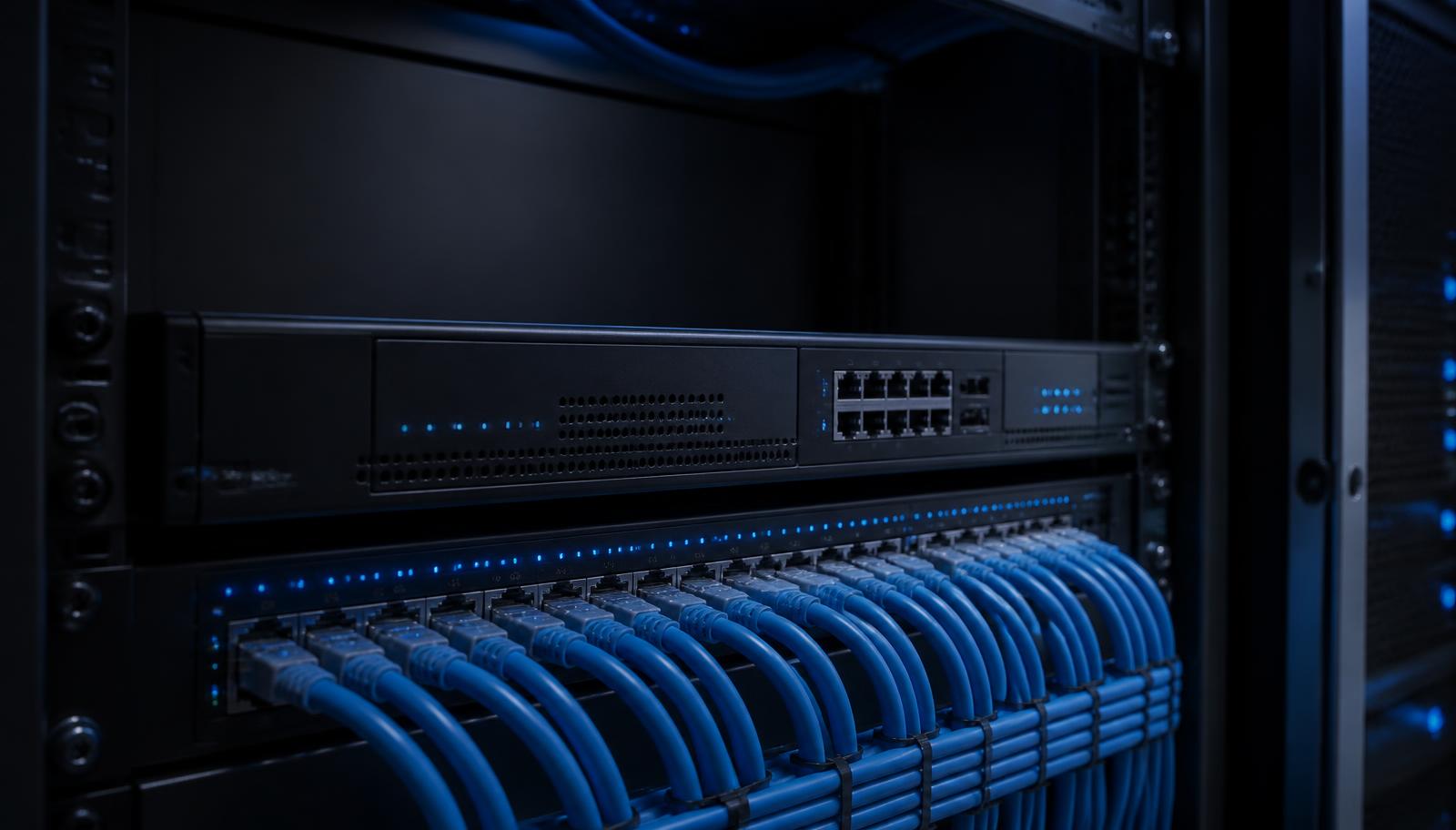 Netwerkkast met firewall en netwerkswitch met blauwe netwerkkabels
