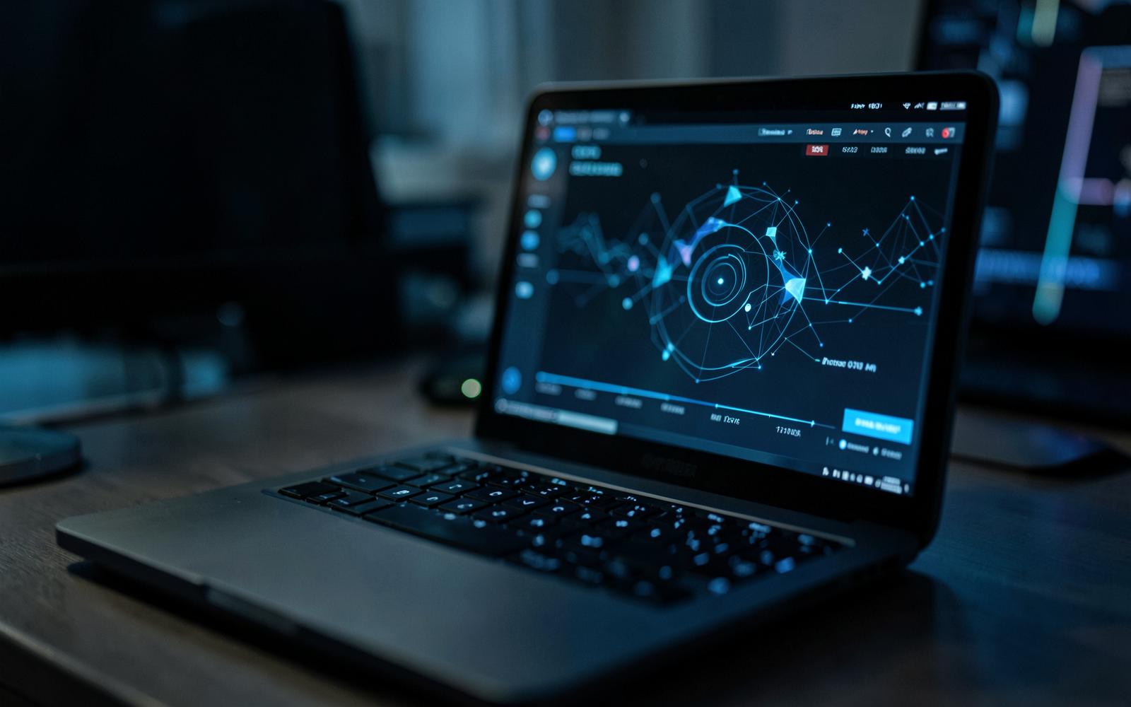 Laptop met een monitoringsoverzicht in een verduisterde werkruimte