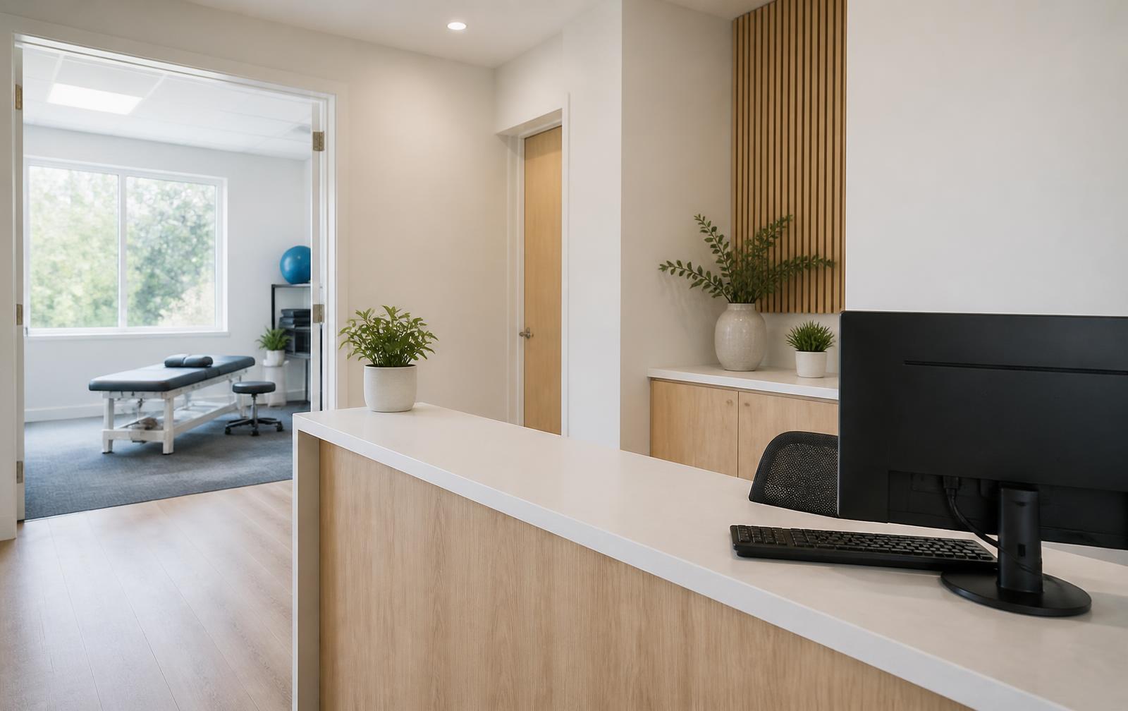 Balie van een fysiotherapiepraktijk met computer en behandelkamer op de achtergrond