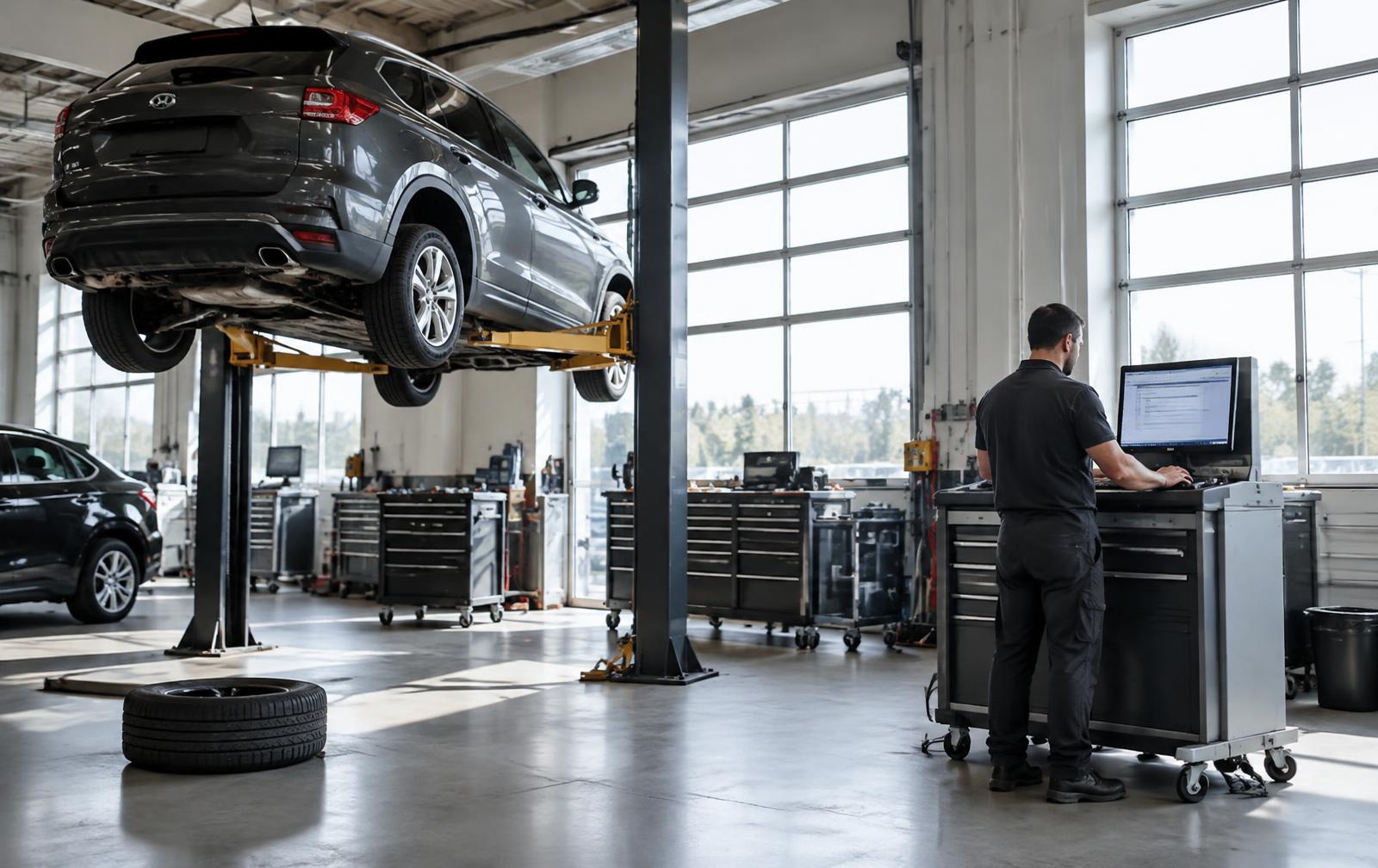 Werkplaats van een garagebedrijf met auto op de brug en monteurs achter een computer