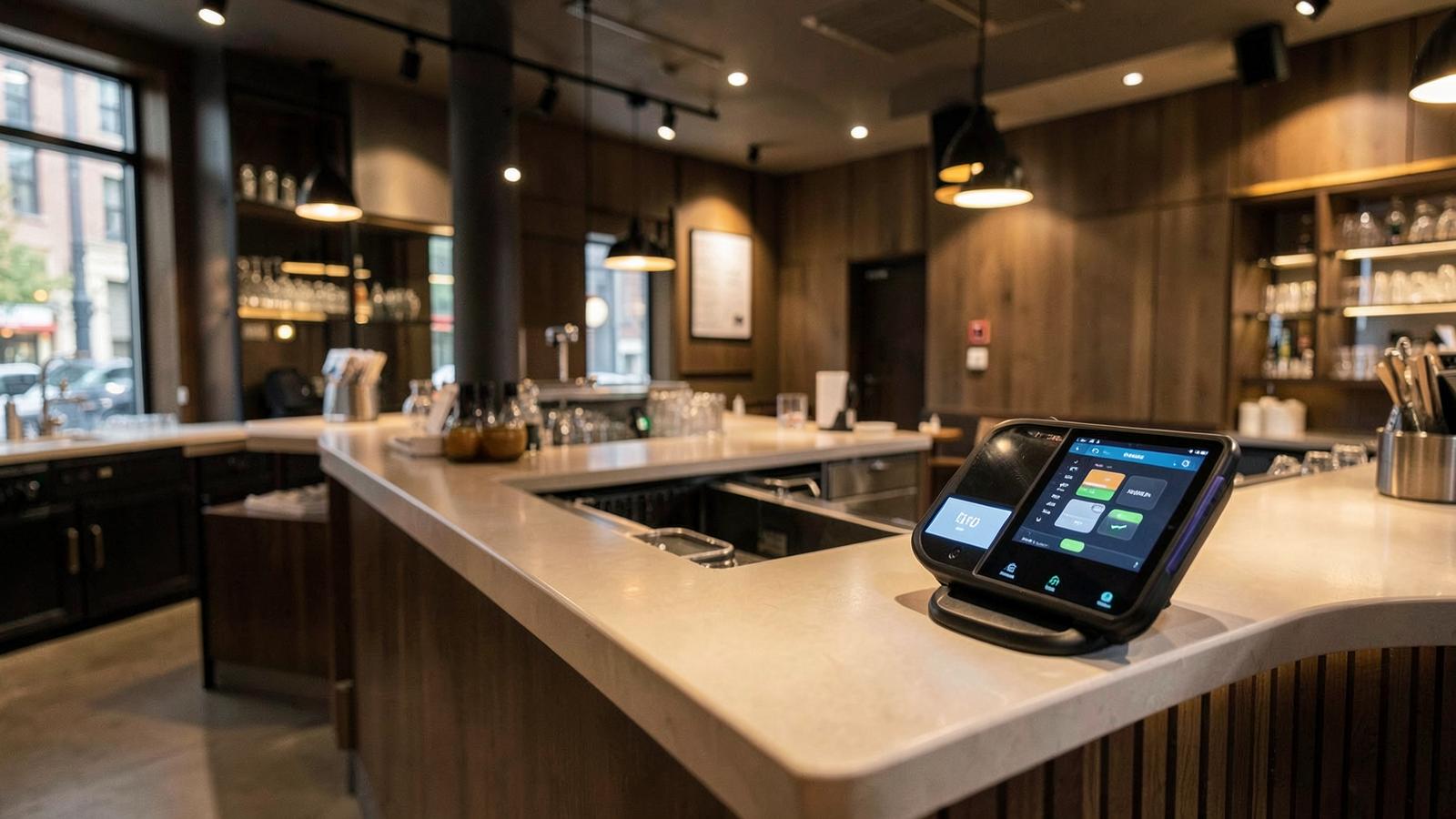 Bar van een restaurant met kassasysteem en pinapparaat op de toonbank
