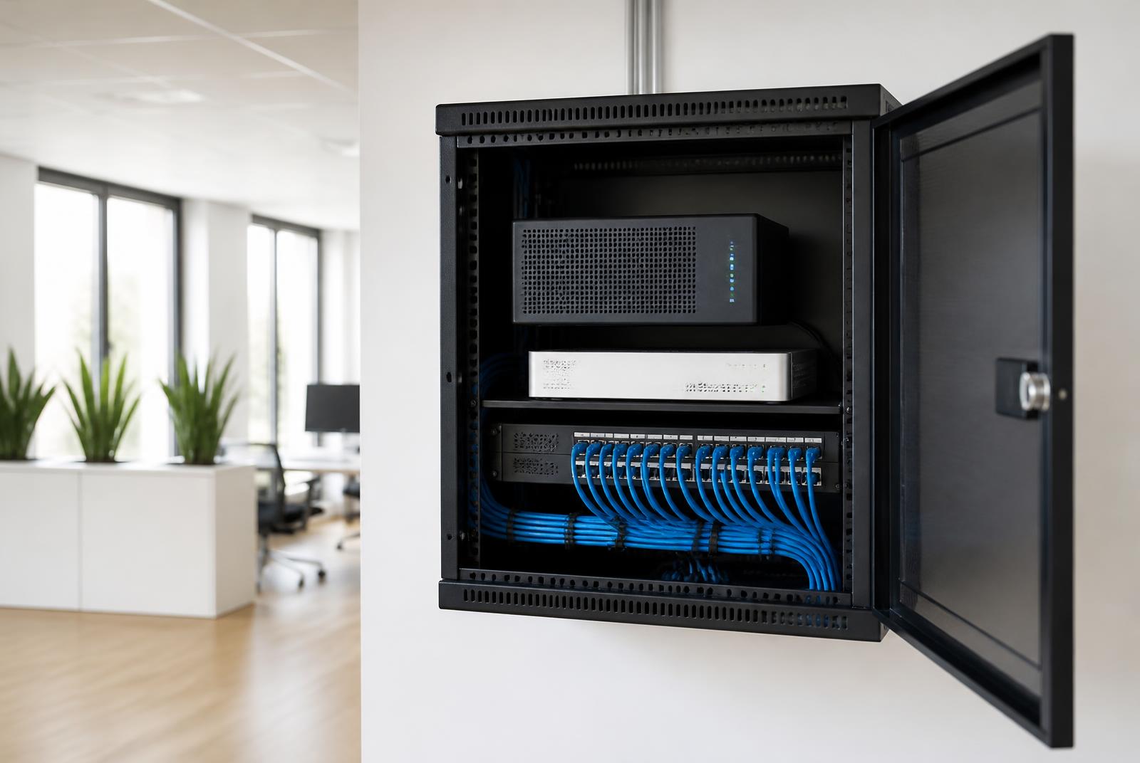 Netwerkkast met router, modem en blauwe netwerkkabels in een kantoor