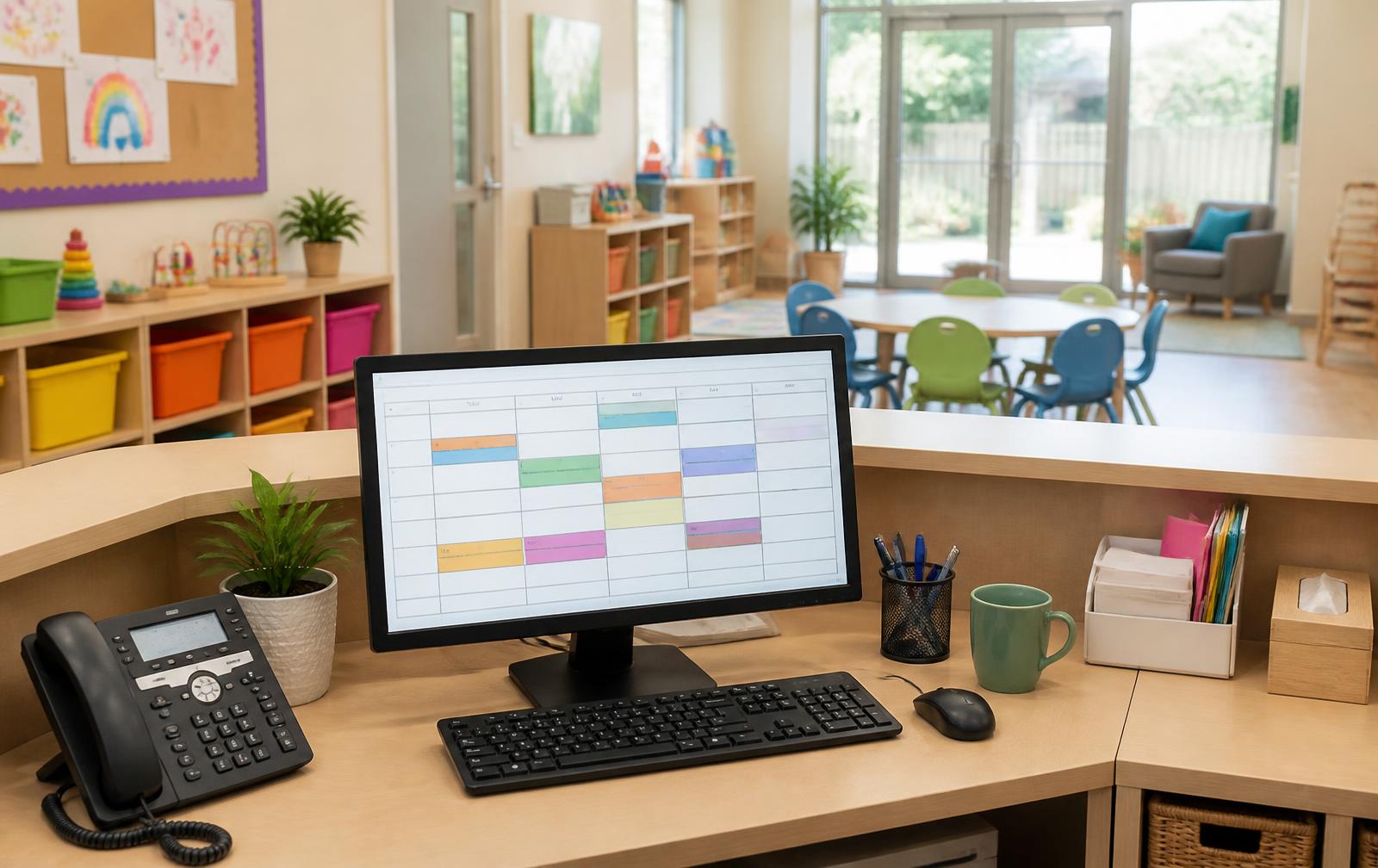 Balie van een kinderopvang met computer met planning en kleurrijke groepsruimte