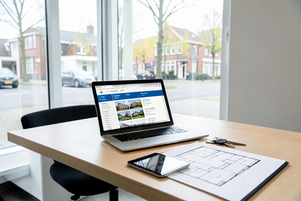 Bureau van een makelaarskantoor met laptop, huissleutels en plattegrond