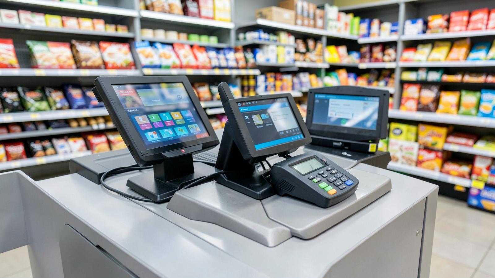 Kassabalie in een winkel met kassasysteem, scanner en pinapparaat