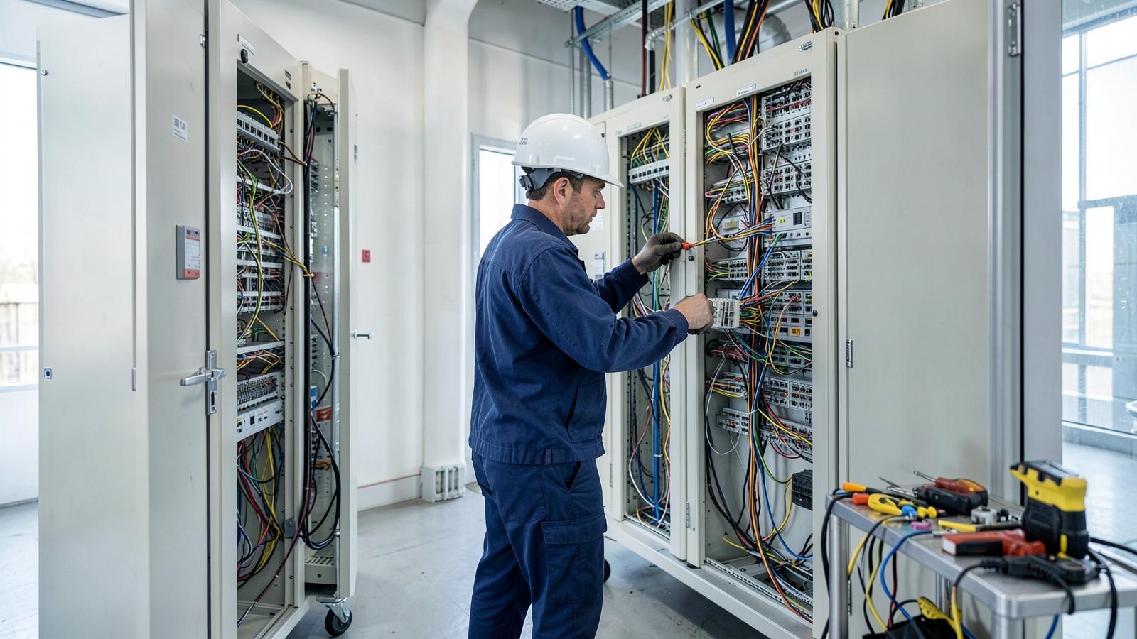 Monteur die bekabeling aansluit in een technische ruimte met verdeelkasten