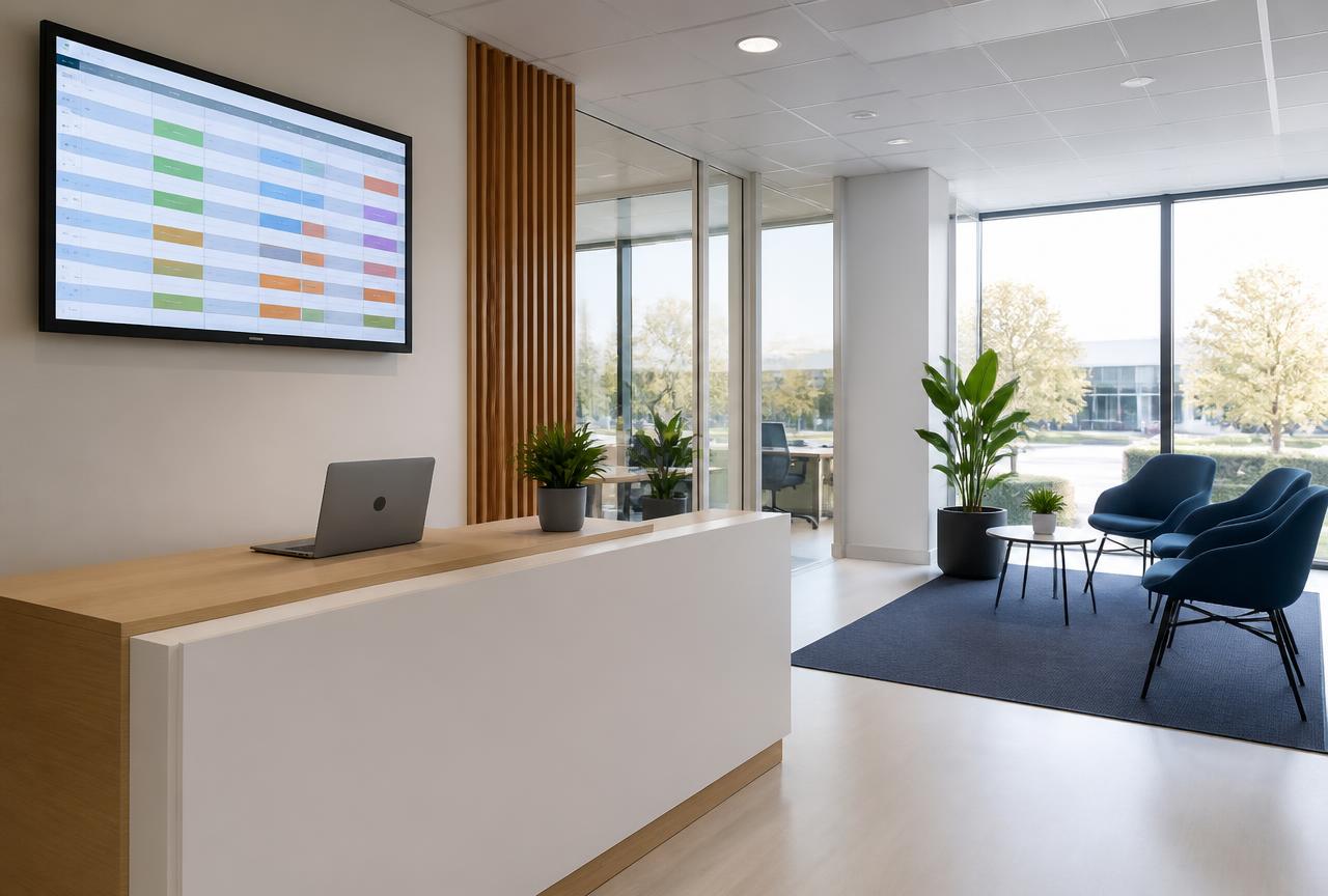 Ontvangstbalie van een uitzendbureau met laptop en planningsoverzicht op een beeldscherm